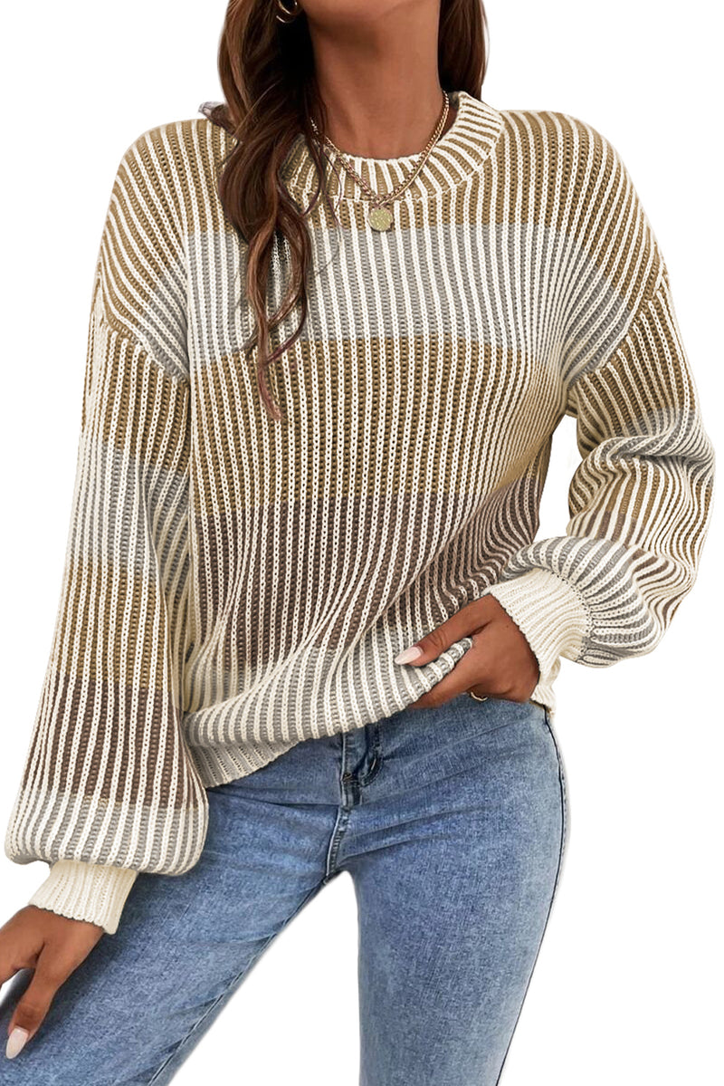 Brown Colorblock Lantern Sleeve Rib Knitted Sweater