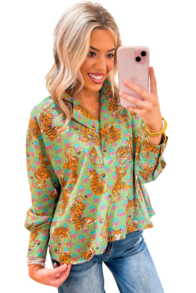 Green Tiger Floral Print Collared V Neck Shirt