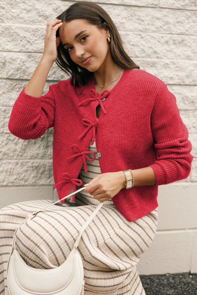 Fiery Red Sweet Bow Front Knit Cardigan