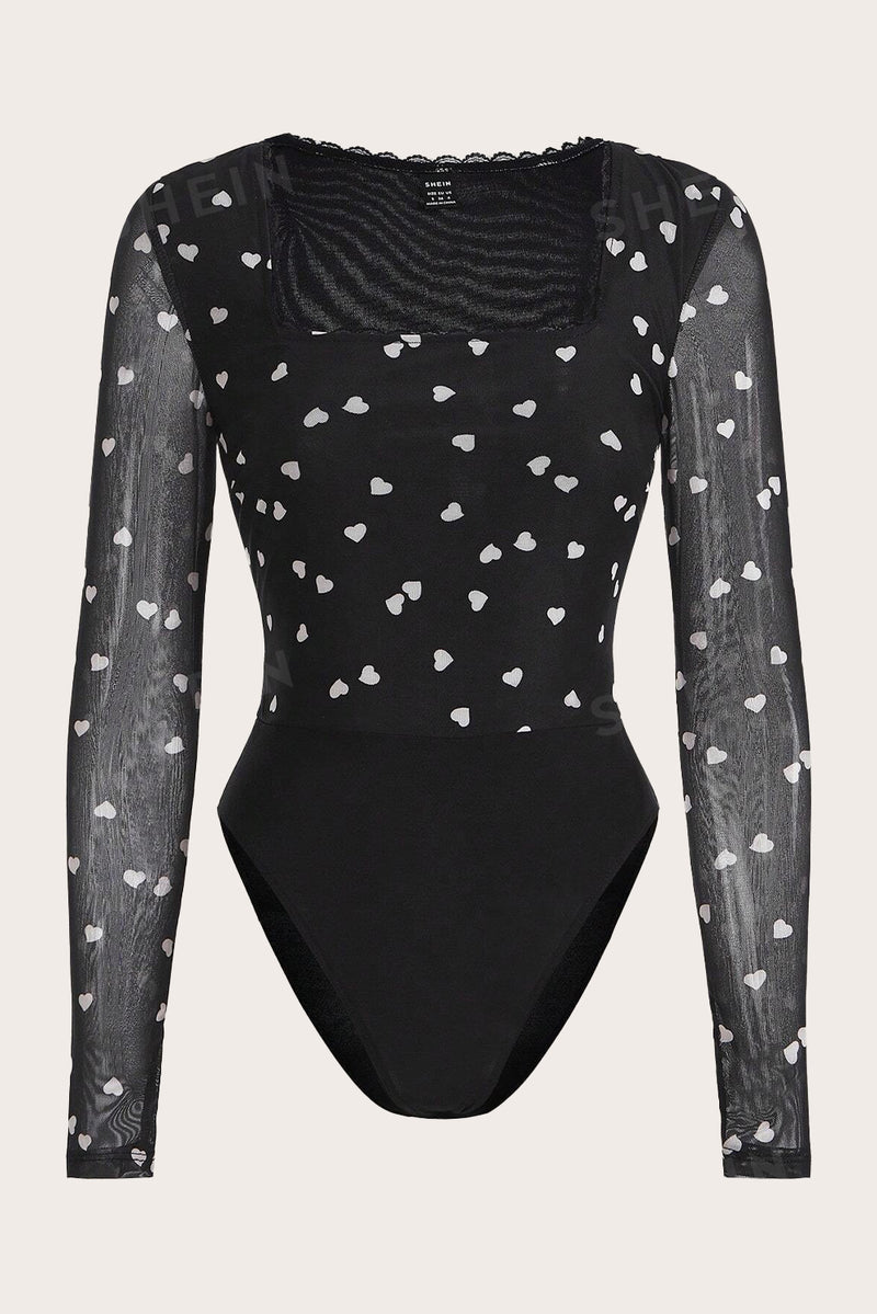 Black Heart Print Mesh Square Neck Slim Fit Bodysuit