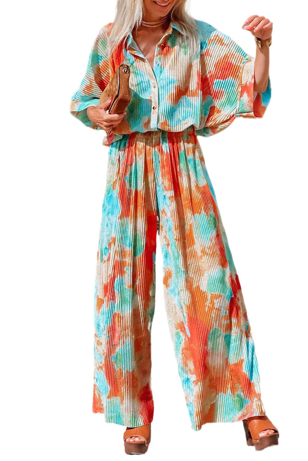 Multicolor Bohemian Tie Dye Pleated Wide Leg Jumpsuit