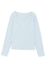 Sky Blue Mineral Wash Long Sleeve Waffle Knit Top