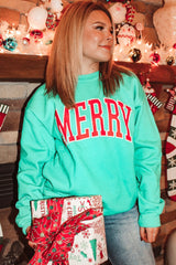 Green MERRY Print Drop Sleeve Pullover Sweatshirt