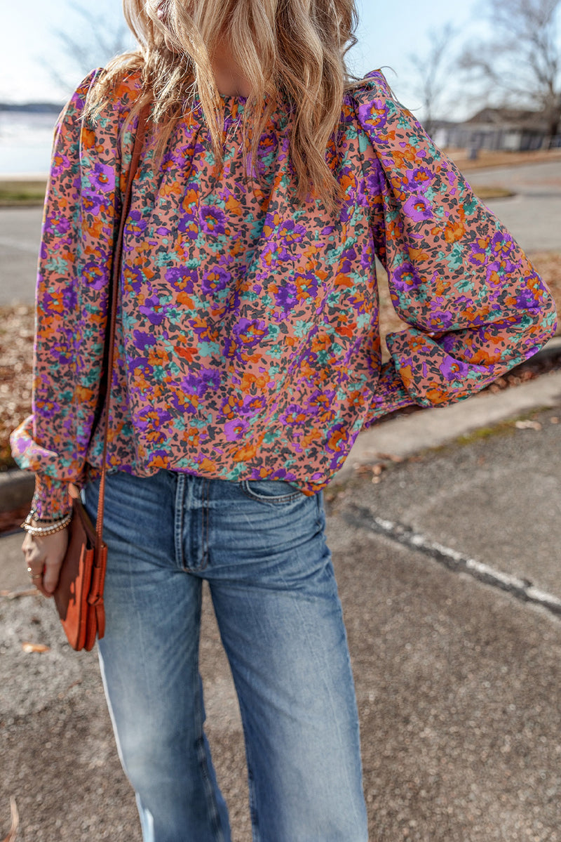 Purple Floral Print Smocked Cuffs Frill Neck Blouse