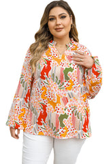 Orange Floral Abstract Print V Neck  Plus Size Blouse