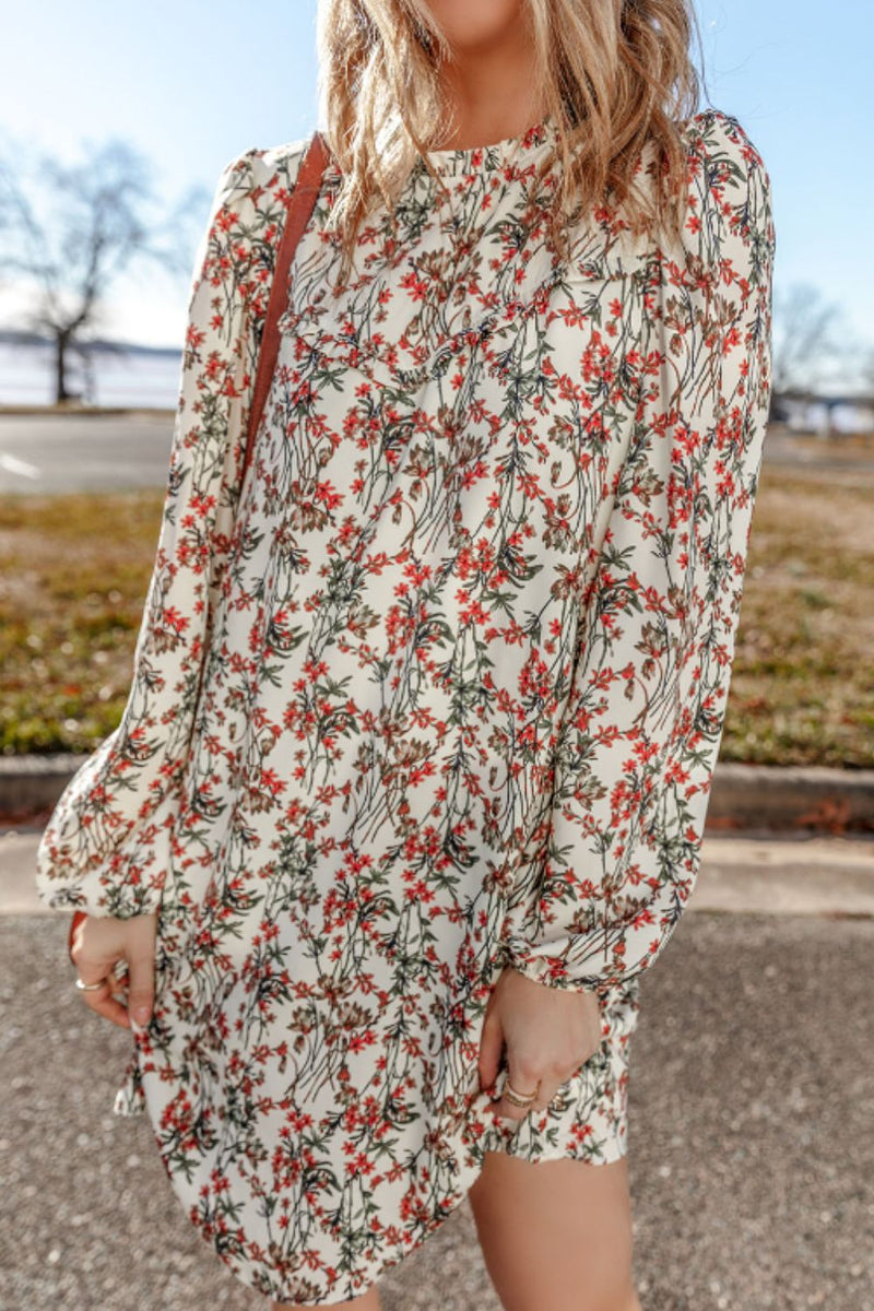 Floral Round Neck Long Sleeve Dress