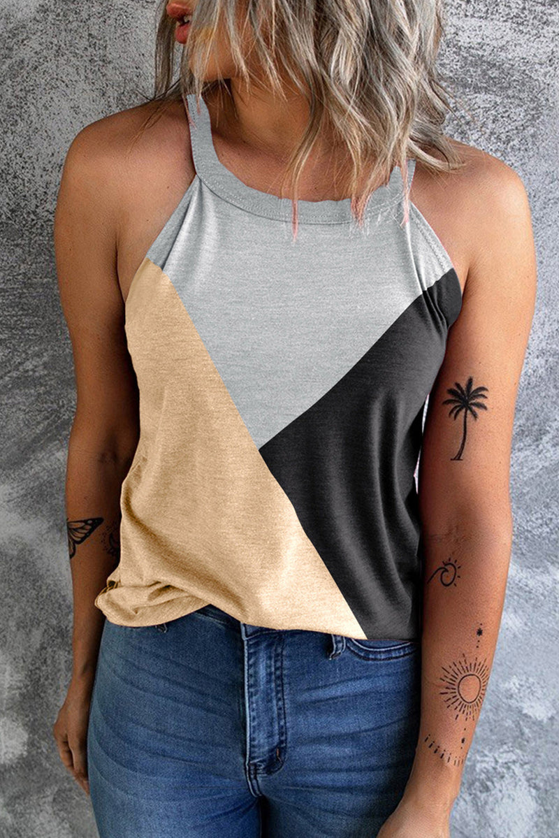 Rose Red Color Block Crewneck Tank Top