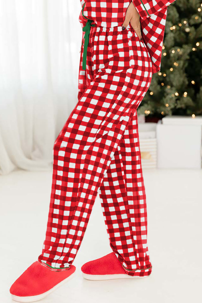 Fiery Red Plaid Print Shirt and Drawstring Pants Pajama Set