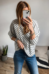 Black Stripe V Neck Long Sleeve Waffle Knit Top