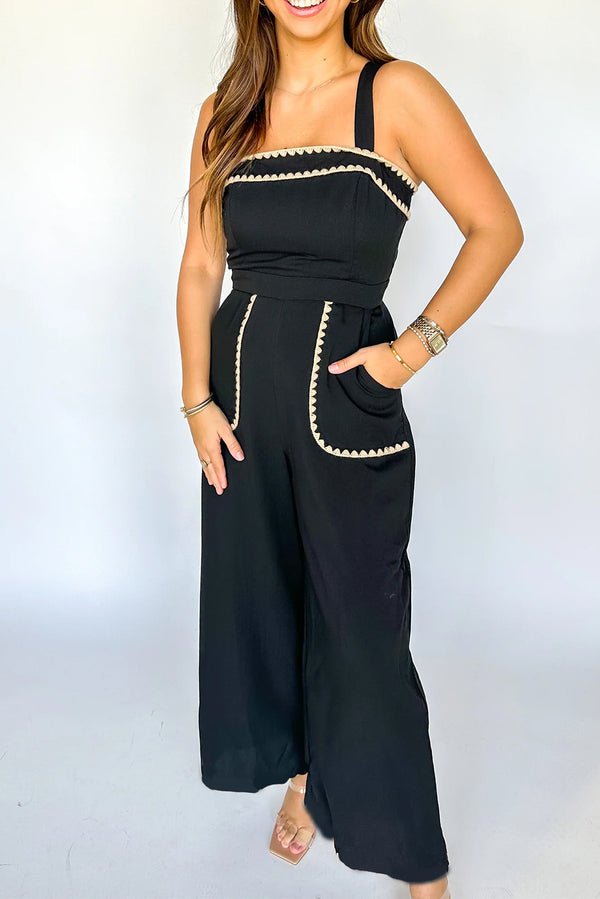 Black Ricrac Trim Pocket Wide Leg Jumpsuit