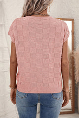 Dusty Pink Lattice Textured Knit Short Sleeve Baggy Sweater