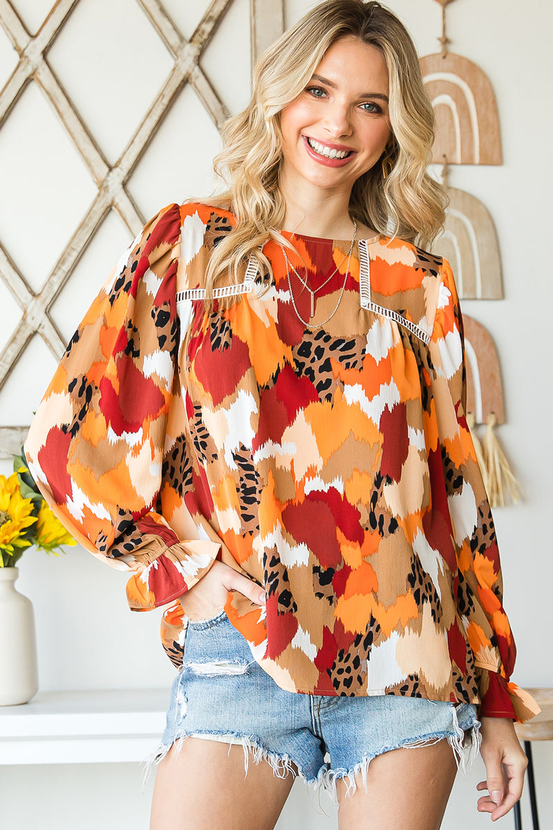 Multicolor Abstract Print Boho Ruffle Puff Sleeve Blouse