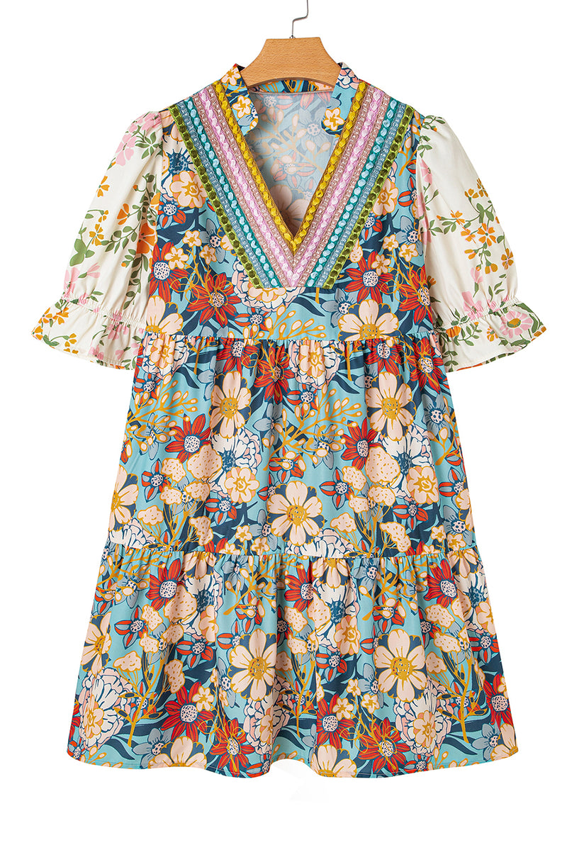 Multicolor Allover Floral Print V Neck Tiered Mini Dress