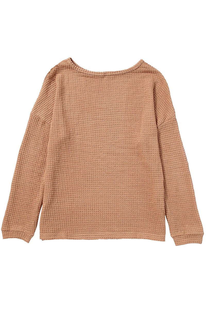 Khaki Waffle Knit Casual Drop Shoulder Long Sleeve Top