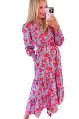 Sky Blue Boho Floral Print Smocked Lantern Sleeve Tiered Maxi Dress