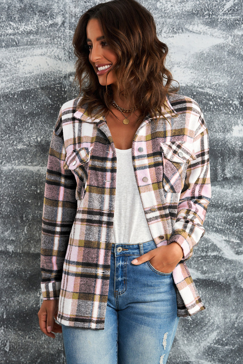 Flannel Button Up Long Sleeve Pink Plaid Shacket