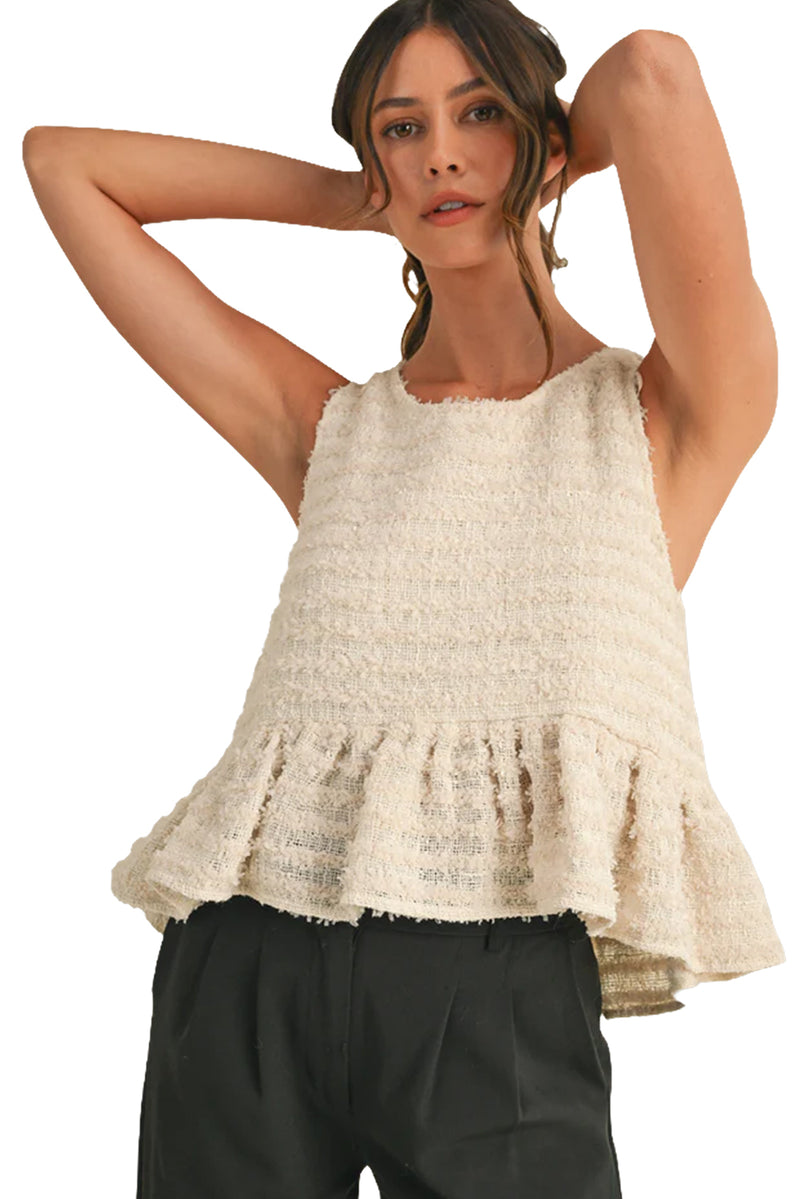 White Frayed Textured Ruffle Hem Sleeveless Top