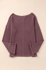 Purple Waffle Knit Split V Neck Drop Shoulder Long Sleeve Top