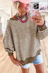 Green Stripe Drop Shoulder Long Sleeve Top