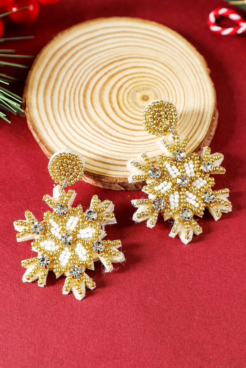 Gold Christmas Snowflake Rhinestone Rice Beaded Drop Earrings