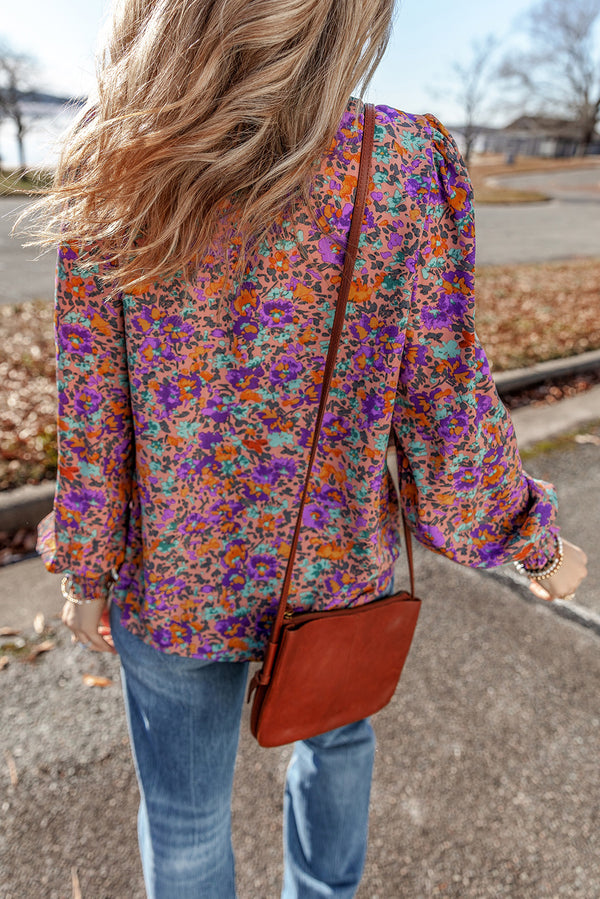 Purple Floral Print Smocked Cuffs Frill Neck Blouse