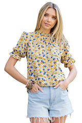 Orange Floral Boho Frill Mock Neck Blouse