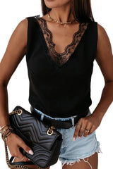 Black V Neck Lace Splicing Casual Open Back Sleeveless Shirt