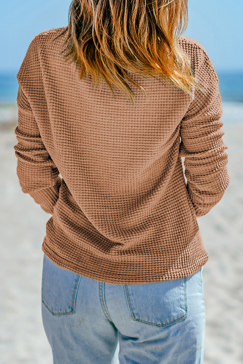 Khaki Waffle Knit Casual Drop Shoulder Long Sleeve Top