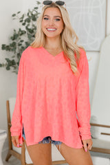 Apricot Pink Oversized Floral Jacquard V Neck Long Sleeve Top