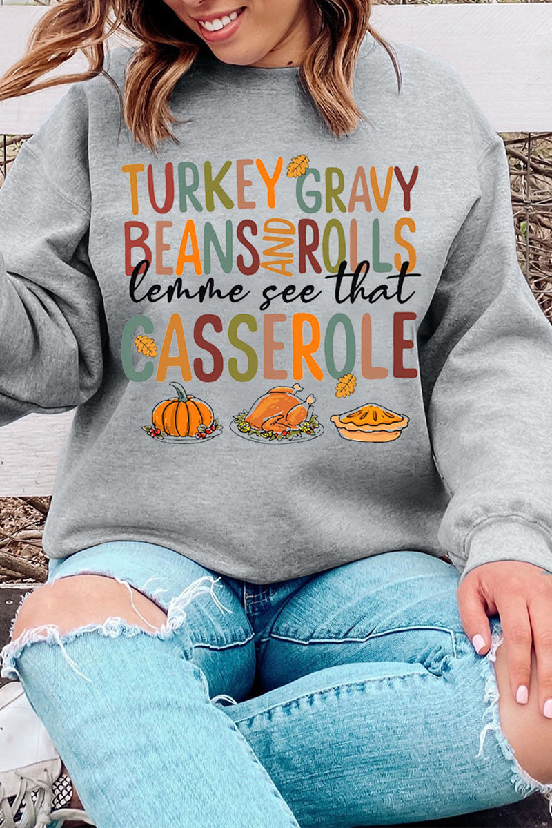 Gray Thanksgiving Slogan Pumpkin Turkey Pie Graphic Sweatshirt