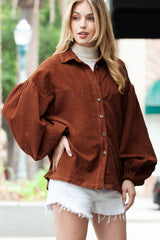 Coffee Corduroy Button Up Lantern Sleeve Jacket