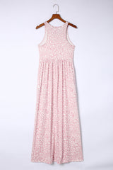 Pink Sleeveless Floor Length Leopard Print Dress with Pockets