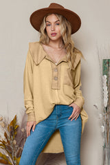 Brown Waffle Pocket Seam Patchwork Loose Knit Top