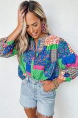 Multicolor Floral Patchwork Buttoned Puff Sleeve Shirt