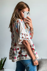 White Boho Floral Bell Sleeve Peplum Blouse