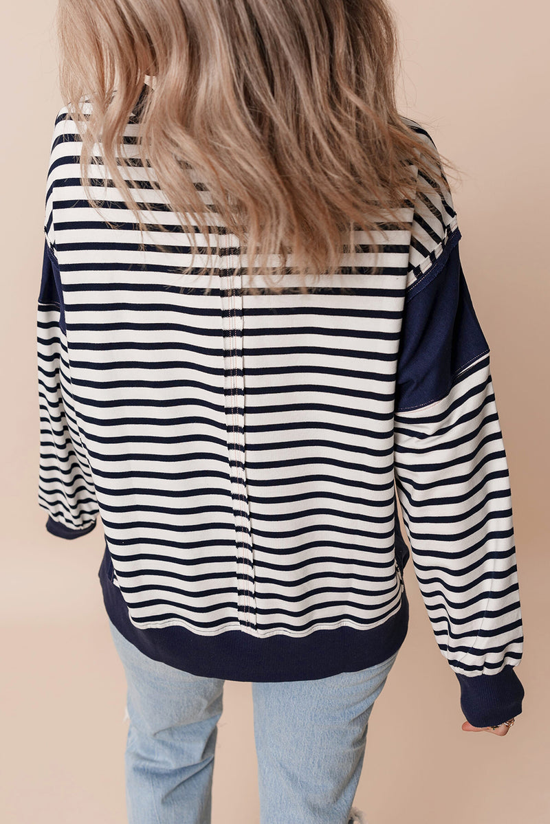 White Stripe Patchwork Exposed Seam Loose Fit Sweatshirt