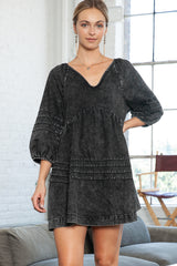 Black Dark Wash Empire Waist V Neck Denim Dress