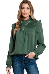 Green Ruffled Solid Color Pleated Long Sleeve Blouse