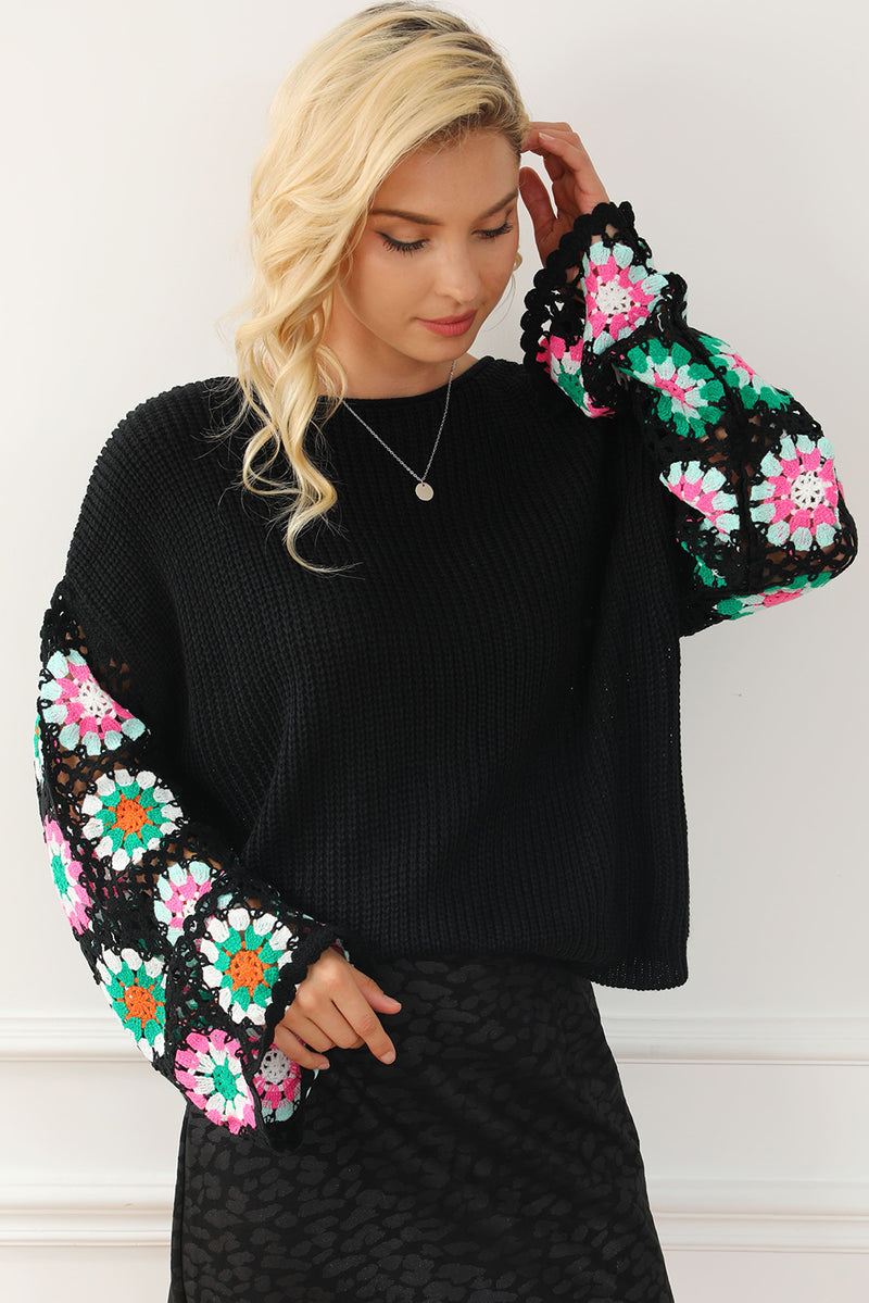 Black Floral Crochet Bell Sleeve Loose Knit Sweater