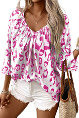 Rose Leopard Print V Neck 3/4 Sleeve Blouse