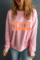 Pink TEACH Graphic Crewneck Drop Shoulder Sweatshirt