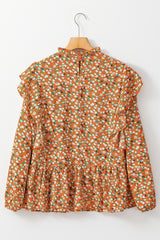 Orange Ditsy Floral Boho Ruffle Long Sleeve Blouse