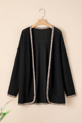 Black Waffle Knit Leopard Contrast Open Front Cardigan