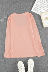 Pink Ribbed Scoop Neck Casual Long Sleeve Henley Shirt for Women