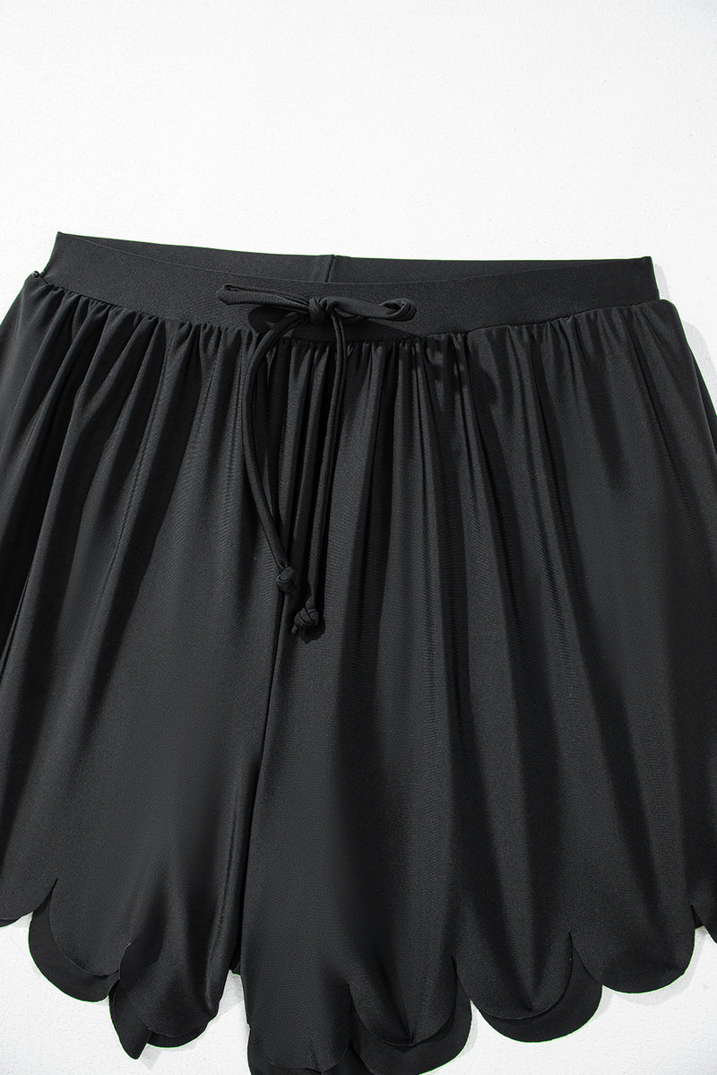 Black Scallop Trim Drawstring Beach Shorts