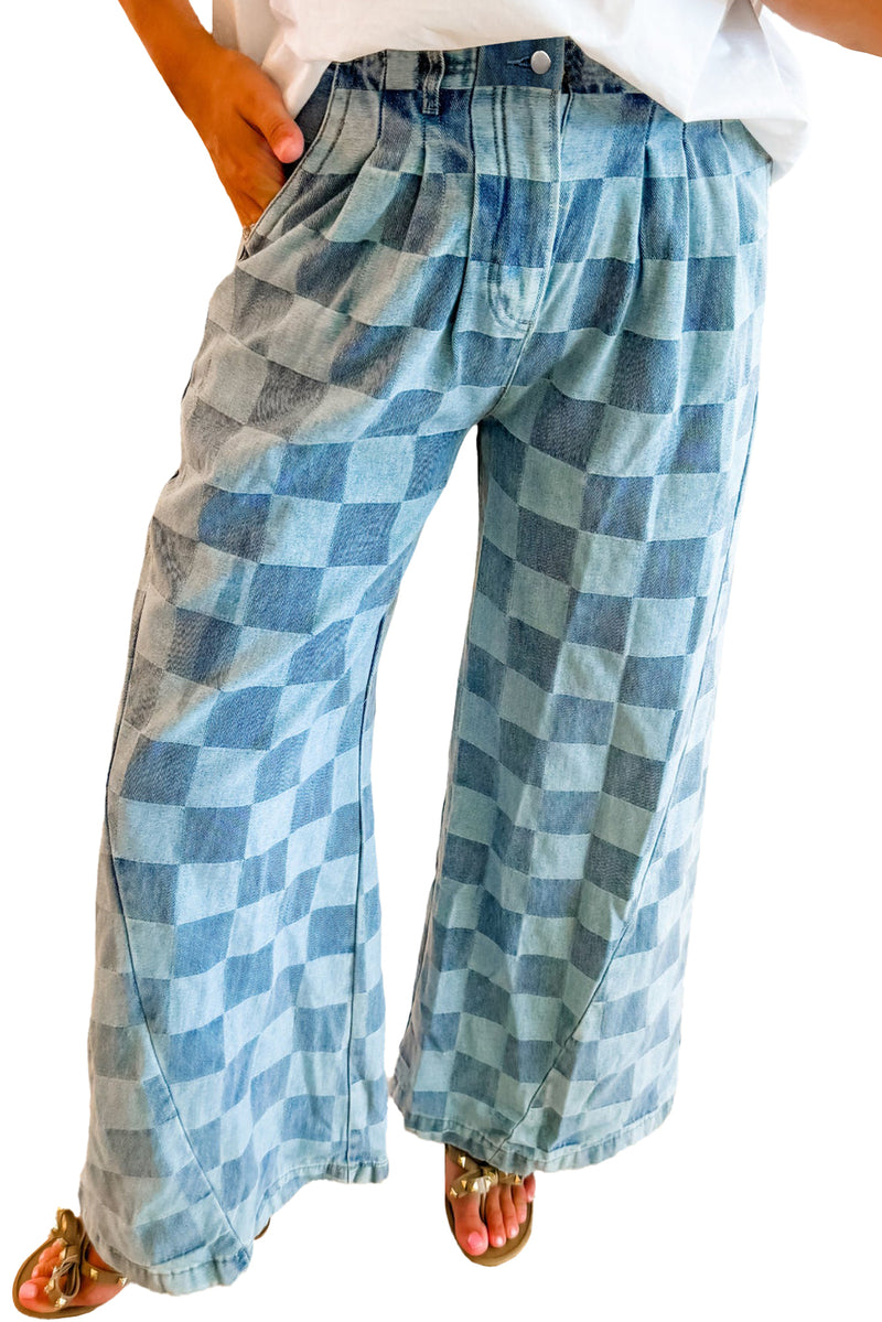 Dusk Blue Checkered Light Washed Wide Leg Jeans