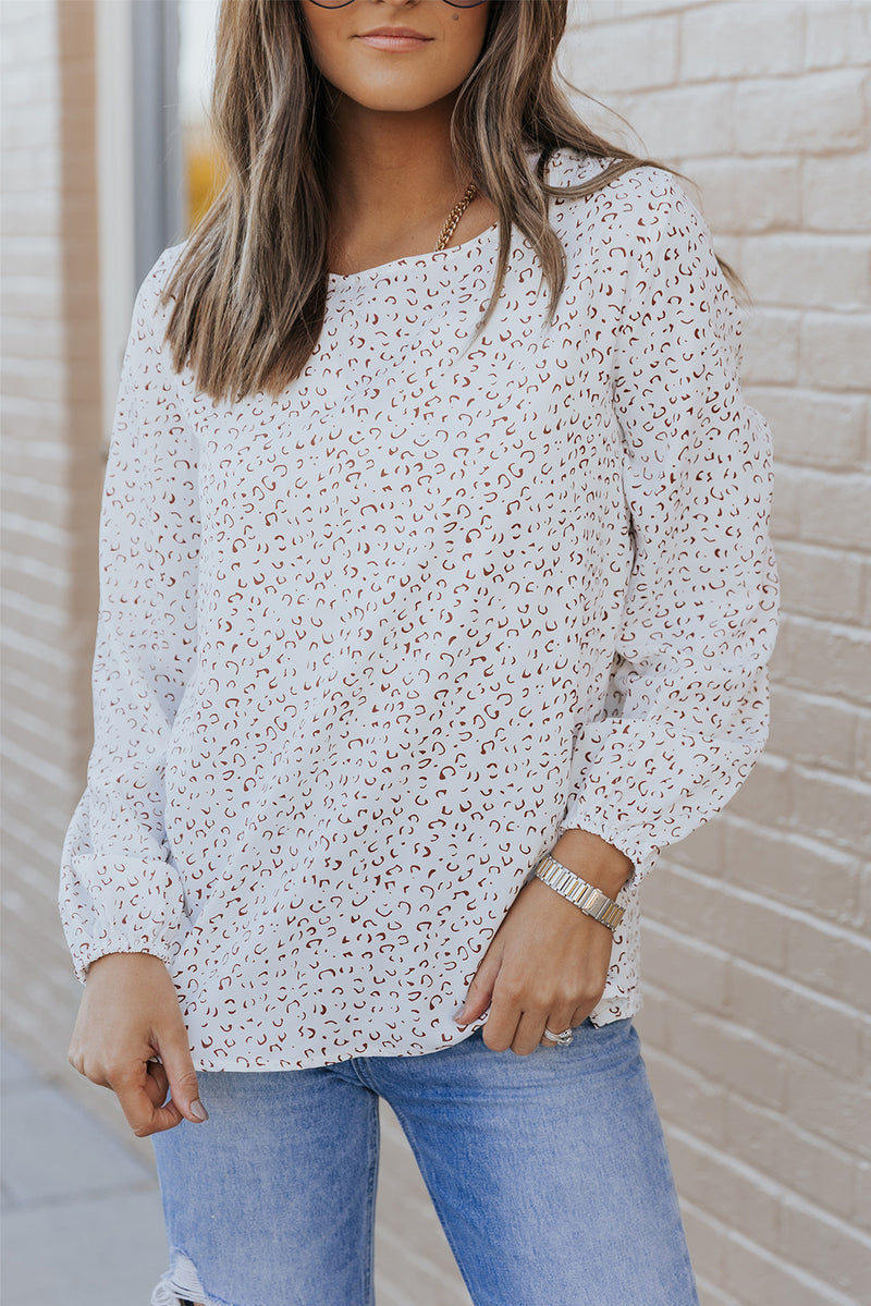 White Cheetah Print Lantern Sleeve Crew Neck Blouse