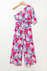 Pink Floral Print Asymmetrical Neckline Single Shoulder Half Sleeve Belted Jumpsuit