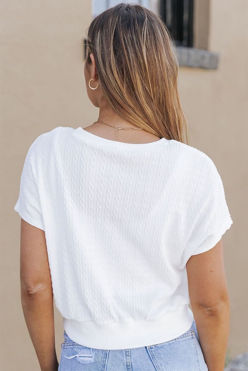 White Knitted Casual Short Sleeve Top