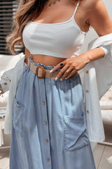 Beau Blue Buttoned Front High Waist Side Pockets Denim Maxi Skirt